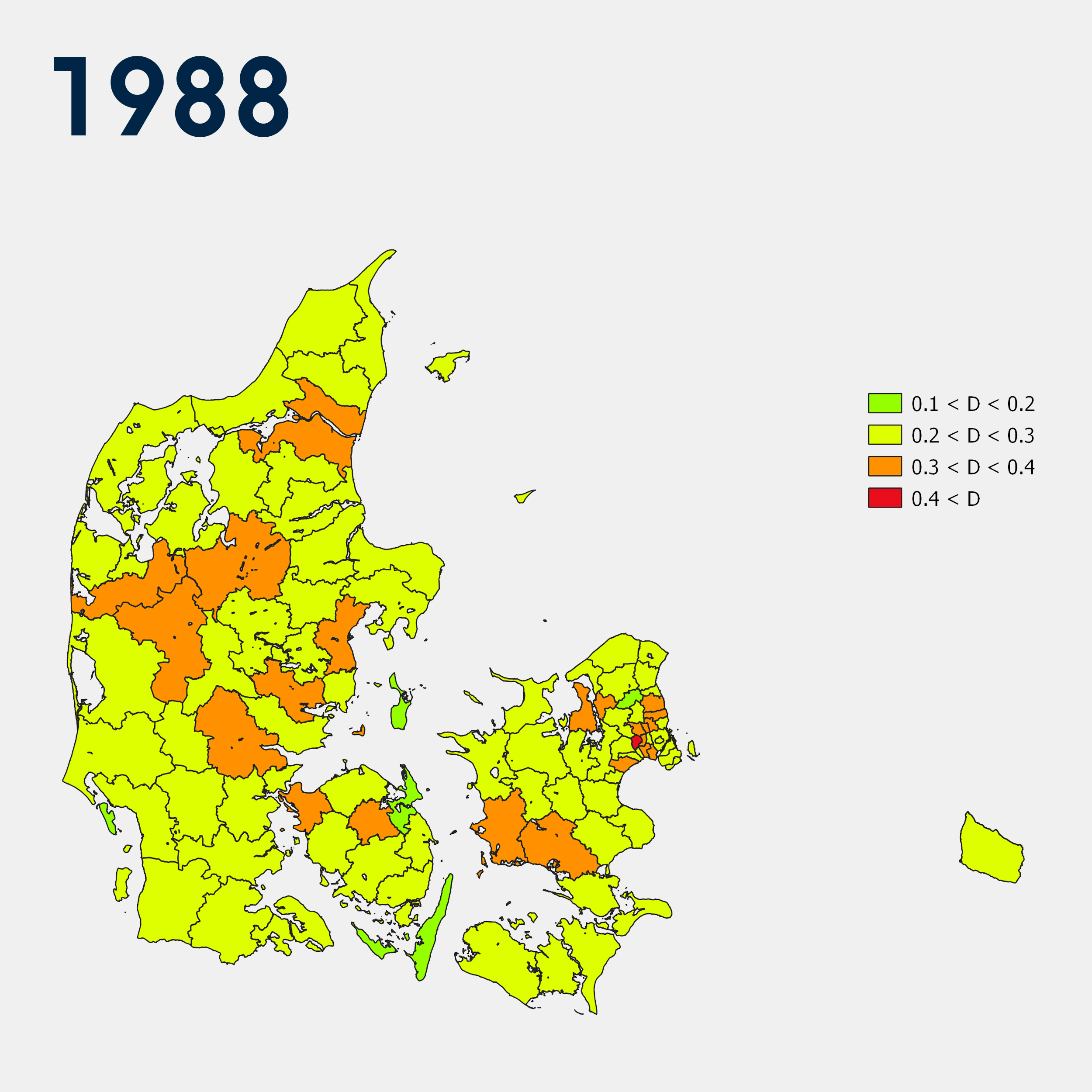 The maps show how segregated the lowest income households were living from other population groups in the Danish municipalities in 1988 and 2015.
